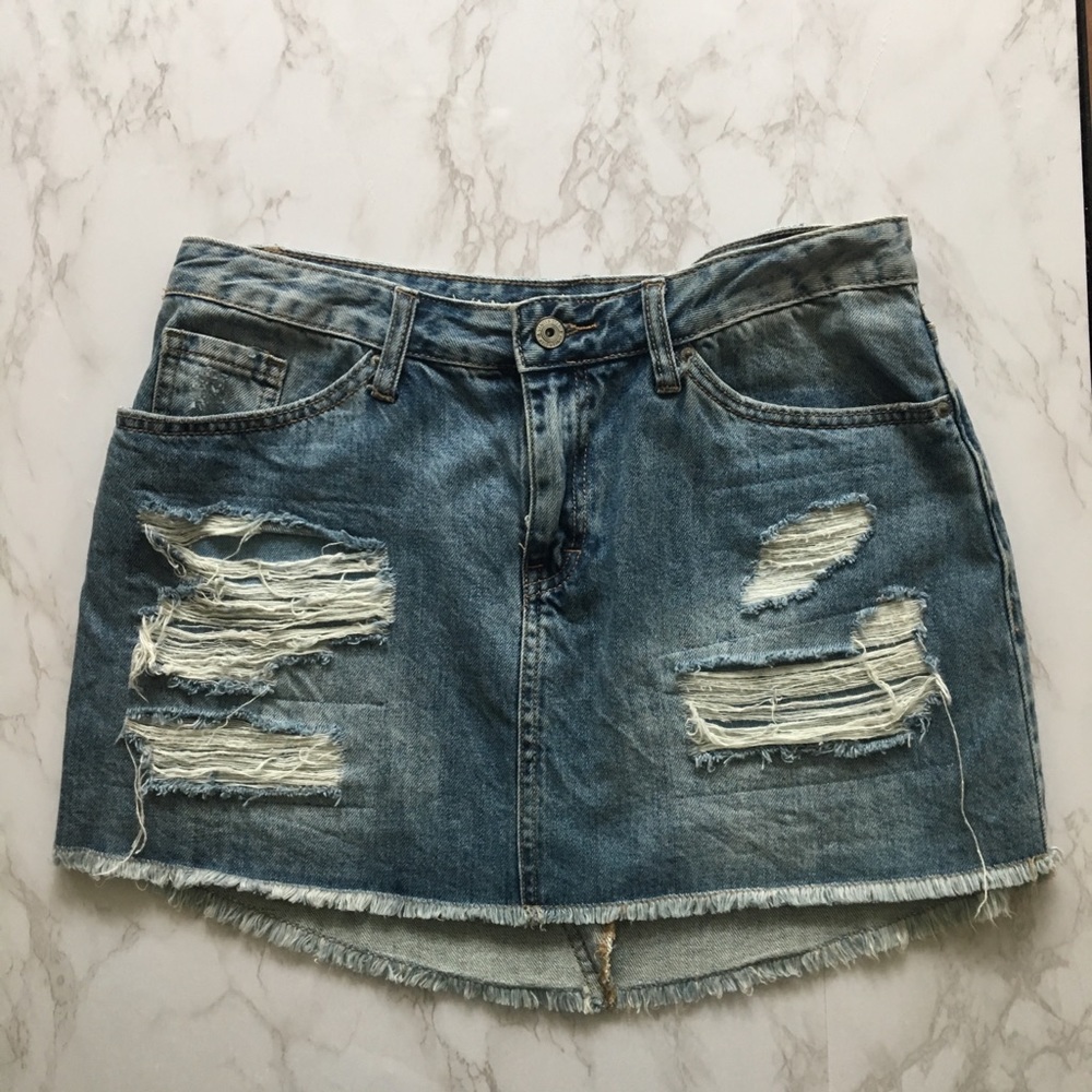Denim distressed mini skirt